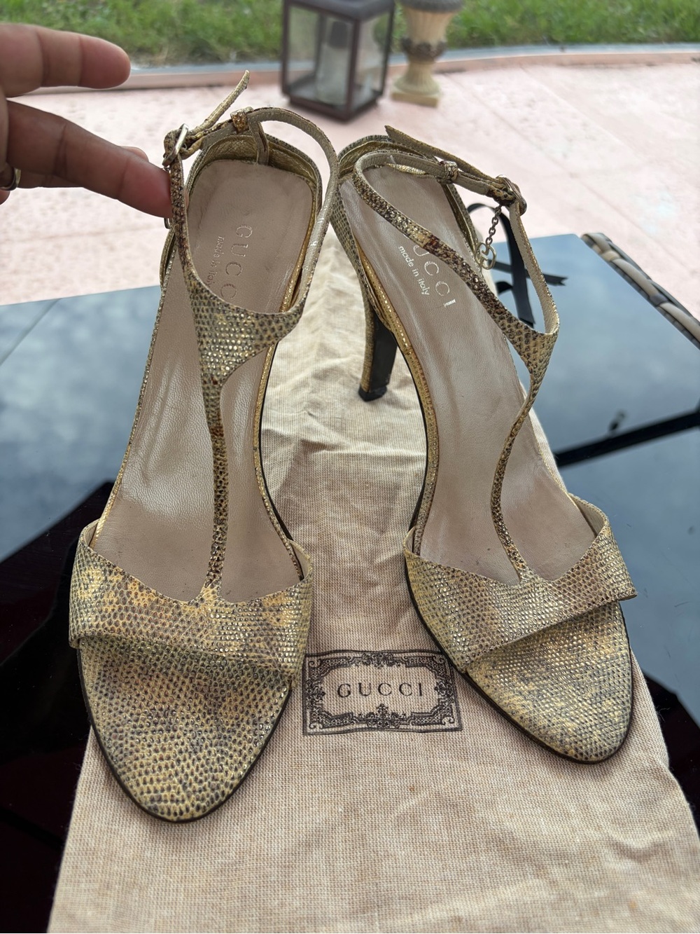 Vintage Gucci Gold Python Print T-Strap Sandals - Size 9